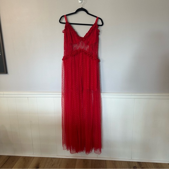 Choosy Womens Sleeveless Red Polka Dot Ruffle Lace Maxi Lingerie Dress Sz 18 NWT - Picture 2 of 14